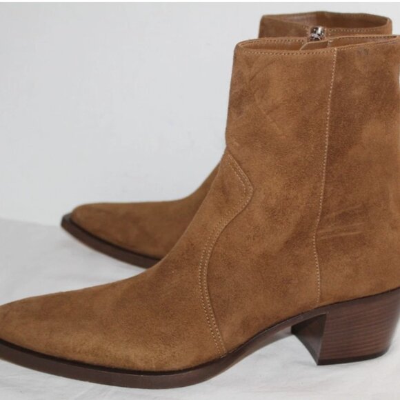 NEW PRADA Brown Suede Leather Western Boots Booties Side Zip Logo Heel 38.5 - Picture 8 of 9